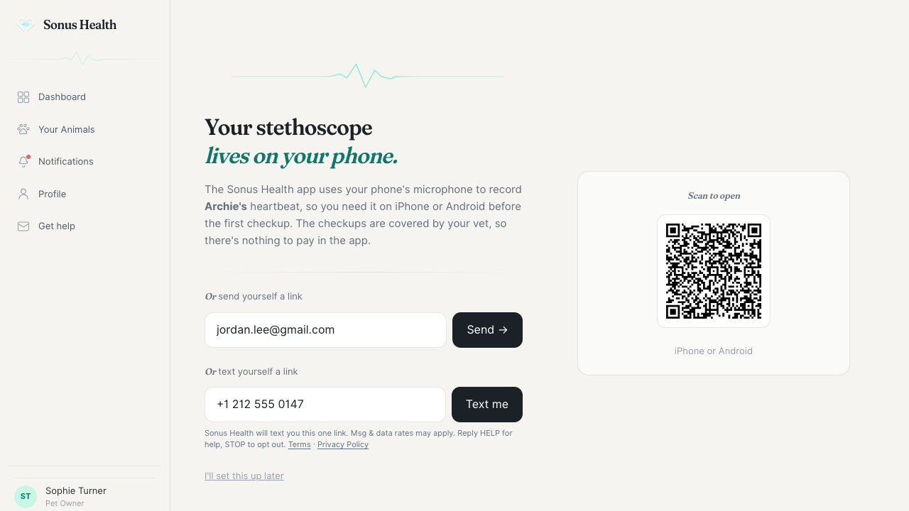 The Sonus Health "Text me" form, where a signed-in user types their own mobile number to get a link to the app