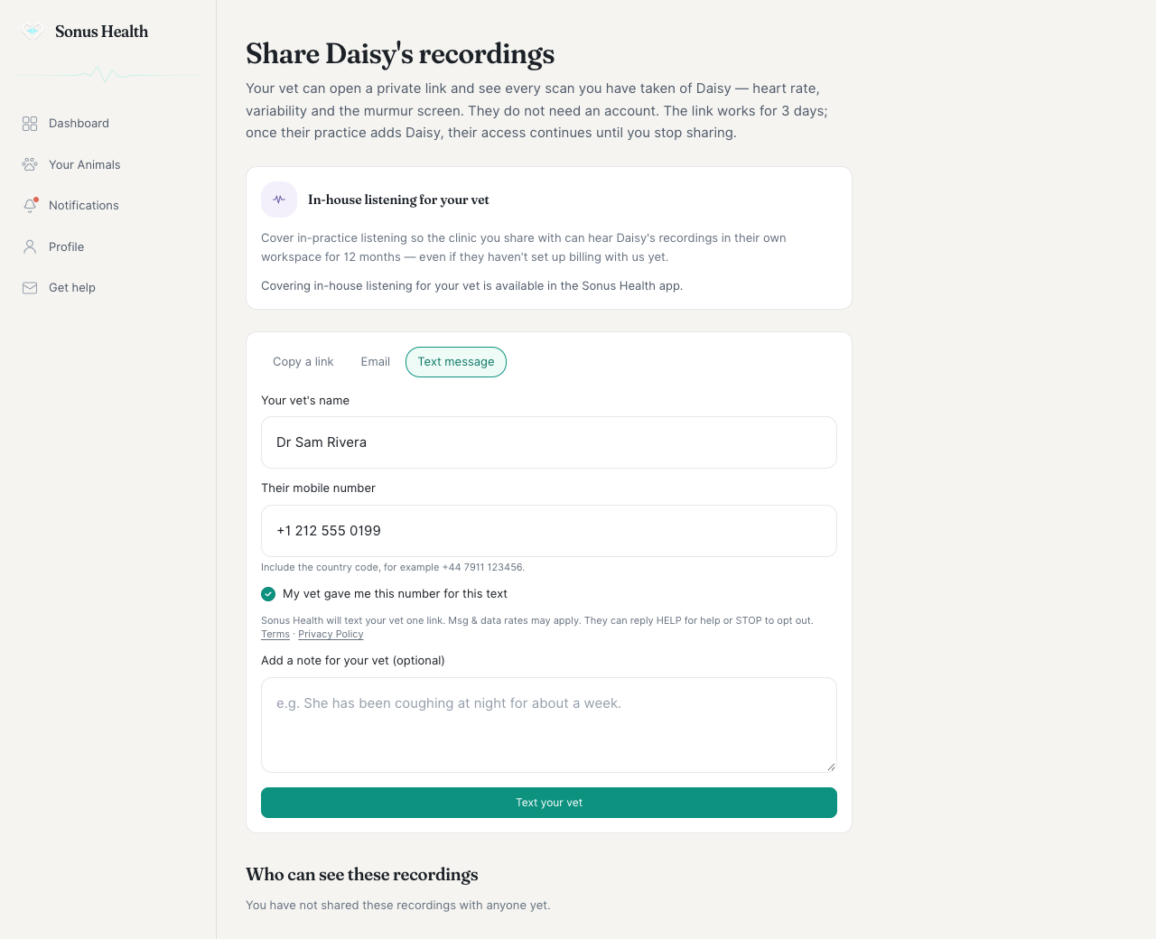The Sonus Health share form, where a pet owner enters their vet's mobile number to text them a link to the recordings