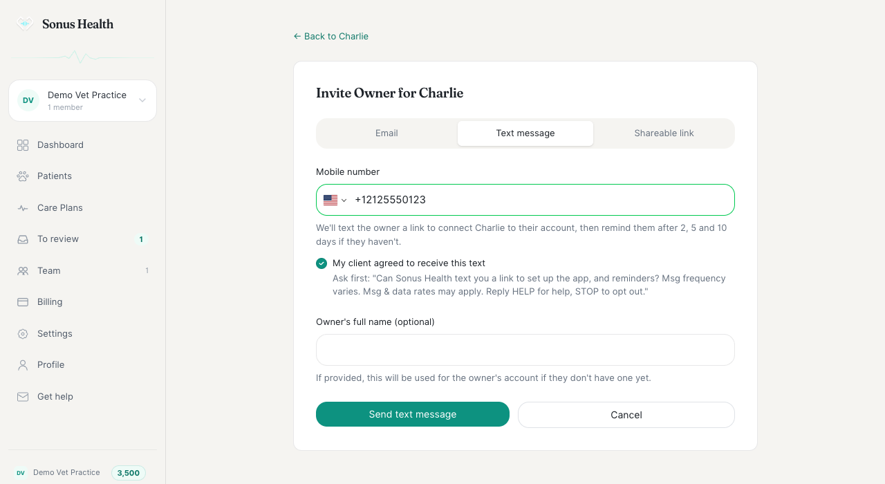 The Sonus Health invite form a vet uses to text a client, with the tick box "My client agreed to receive this text" and the question to ask first