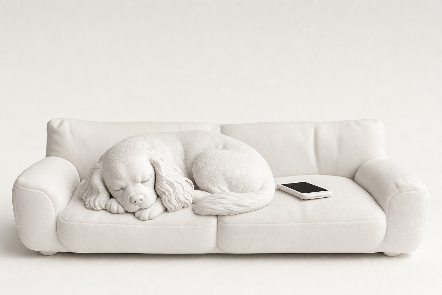 Matte white clay render of a Cavalier King Charles Spaniel asleep on a sofa with a smartphone resting beside its chest